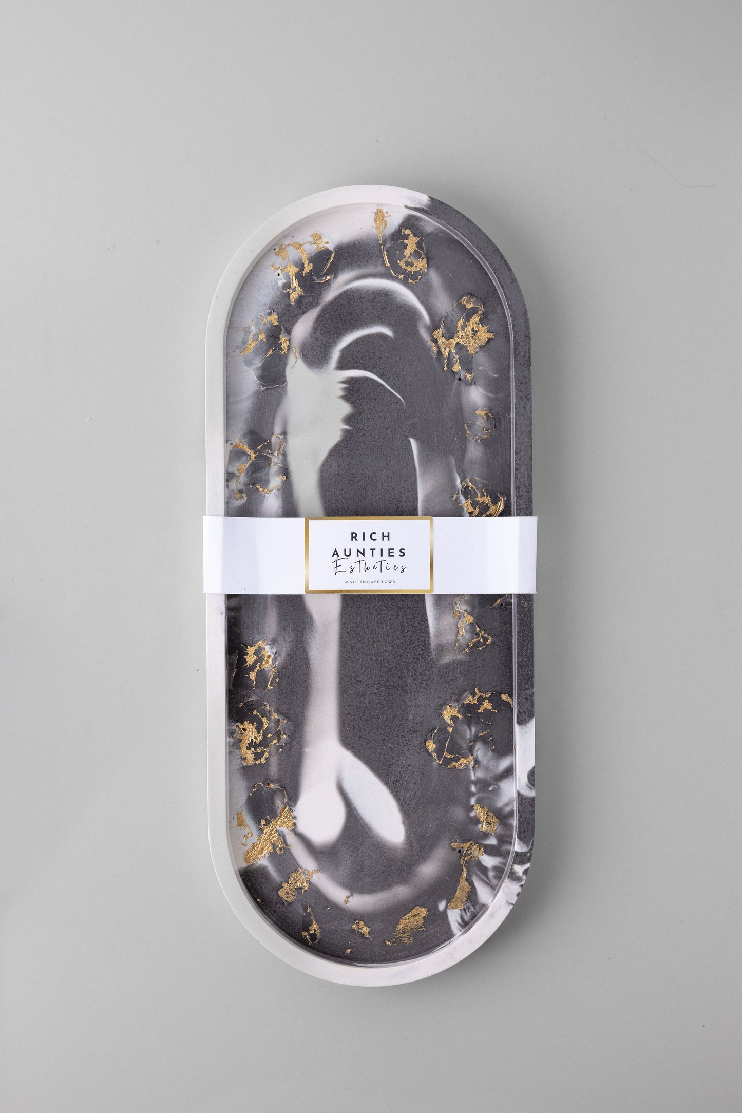 Trinket Tray Grey Marble Gold Leaf Large
