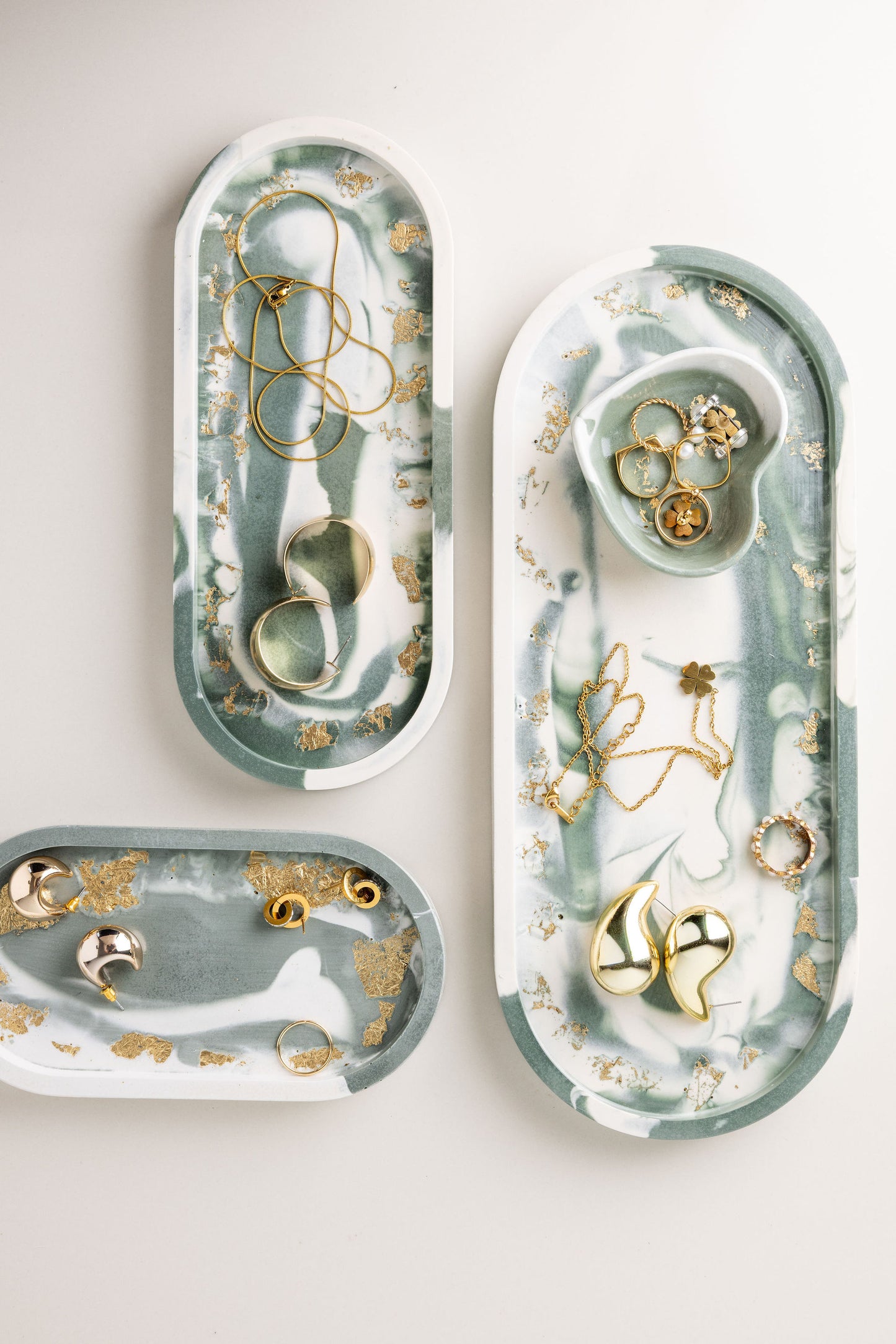 Trinket Tray Green Marble Gold Leaf Large