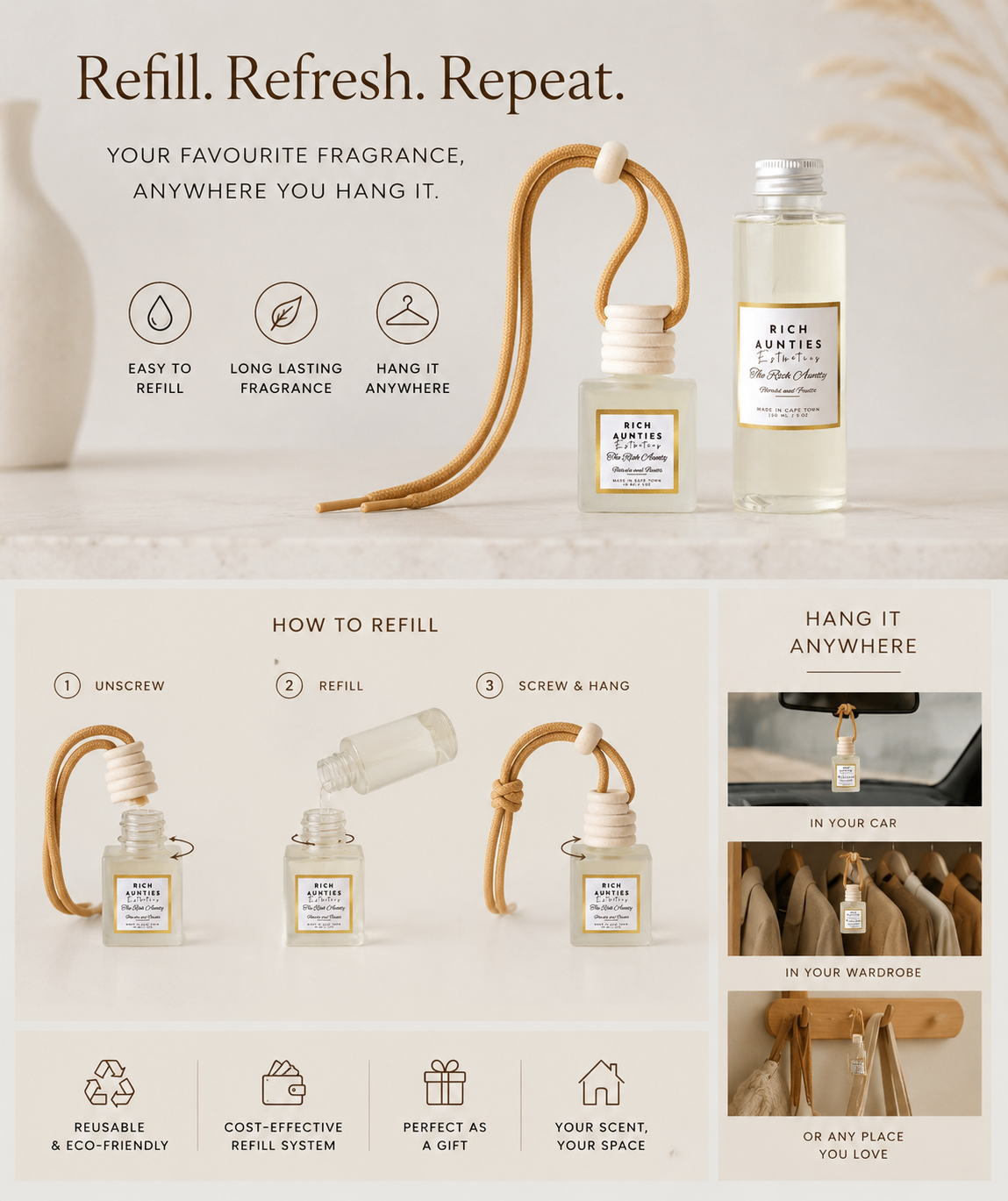 Rich Aunties Esthetics – The Rich Aunty Luxury Fruits & Florals Car Diffuser & Refill Gift Set (10ml Car Diffuser + 125ml Refill)