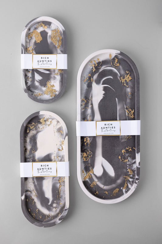 Trinket Tray Set Grey Marble Gold Leaf
