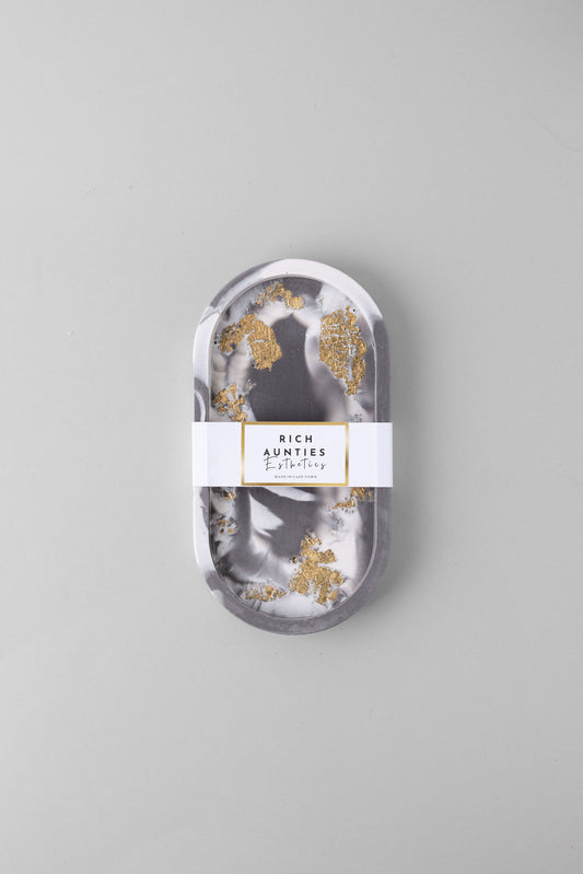 Trinket Tray Grey Marble Gold Leaf Small