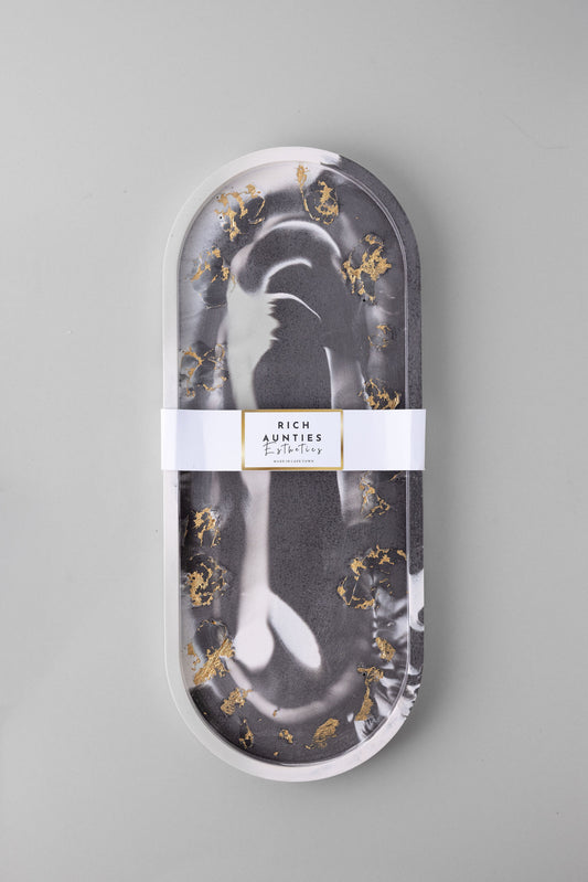 Trinket Tray Grey Marble Gold Leaf Large