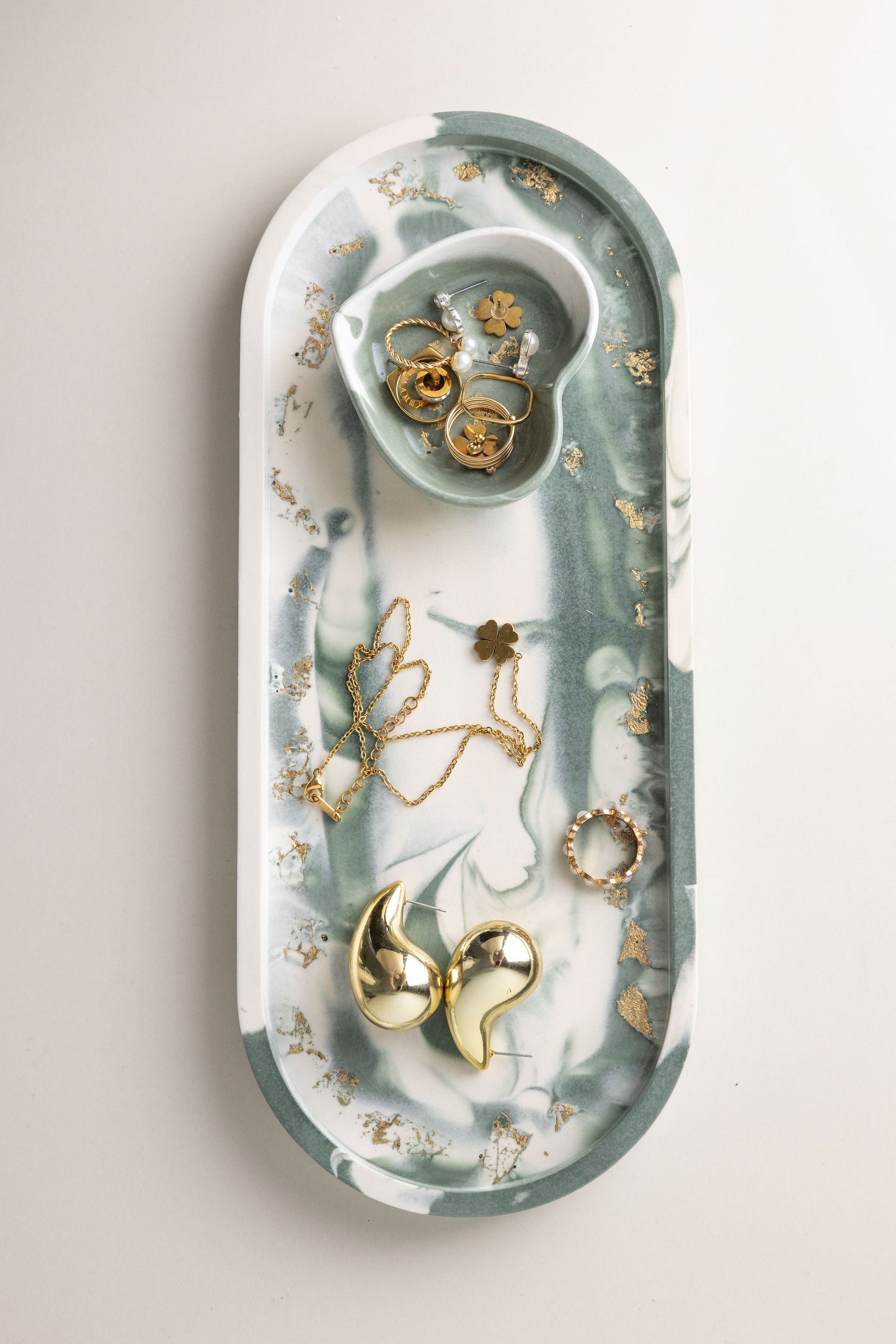 Trinket Tray Set Green Marble Gold Leaf
