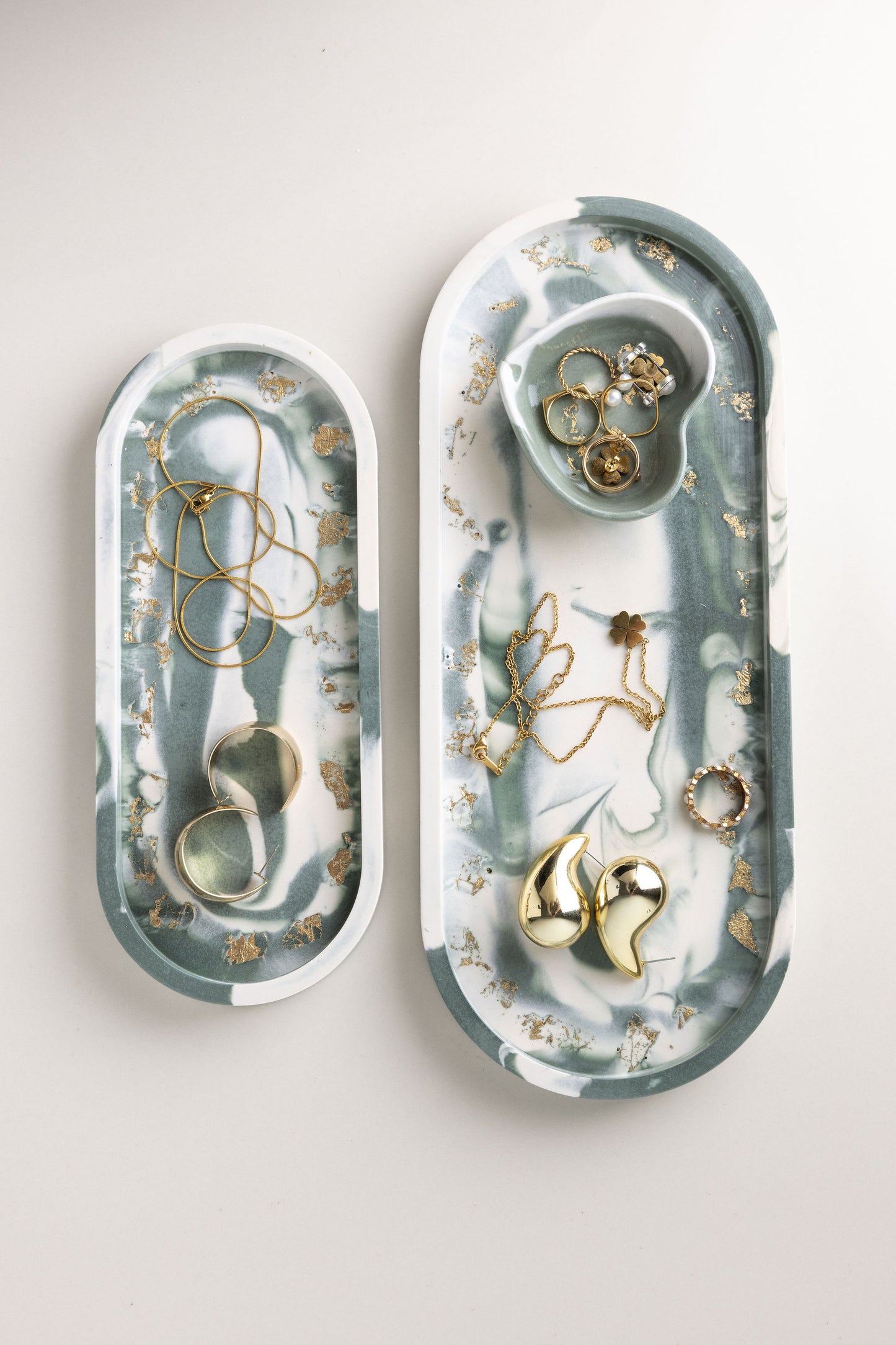 Trinket Tray Set Green Marble Gold Leaf