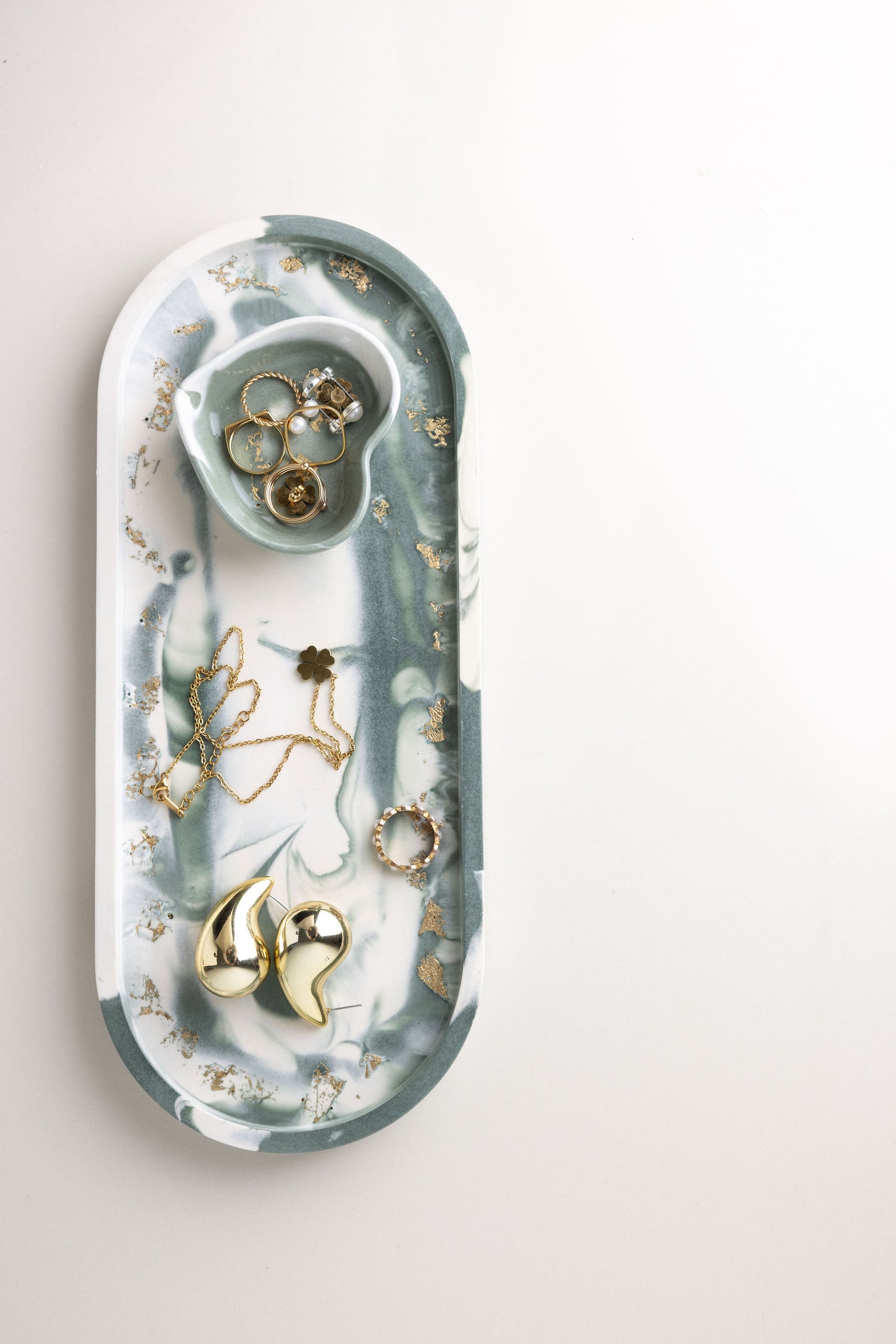 Trinket Tray Set Green Marble Gold Leaf