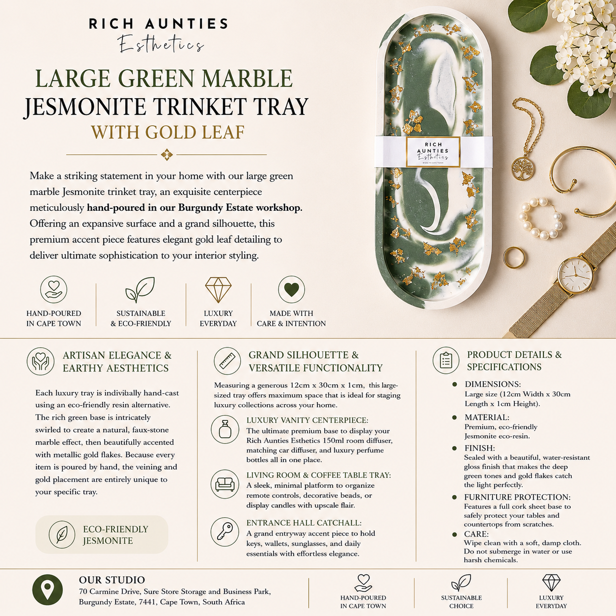 Rich Aunties Esthetics - Trinket Tray Green Marble Gold Leaf Large