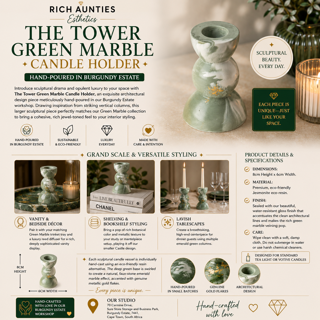 Rich Aunties Esthetics - The Tower Candle Holder Green Marble Gold Leaf