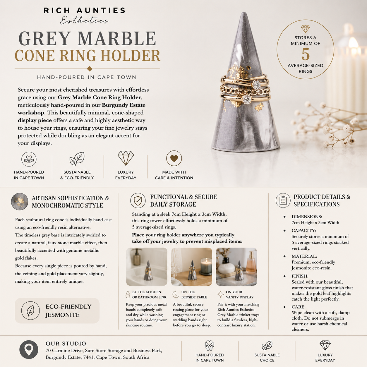 Rich Aunties Esthetics - Cone Ring Holder Grey Marble Gold Leaf