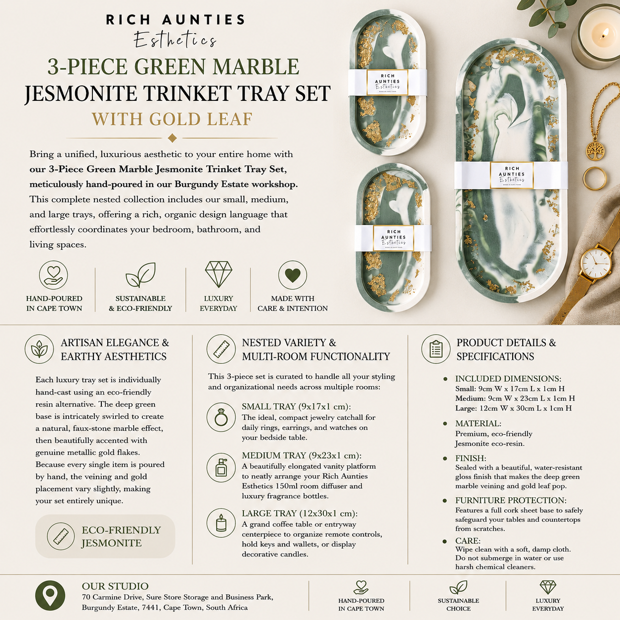 Rich Aunties Esthetics - Trinket Tray Set Green Marble Gold Leaf