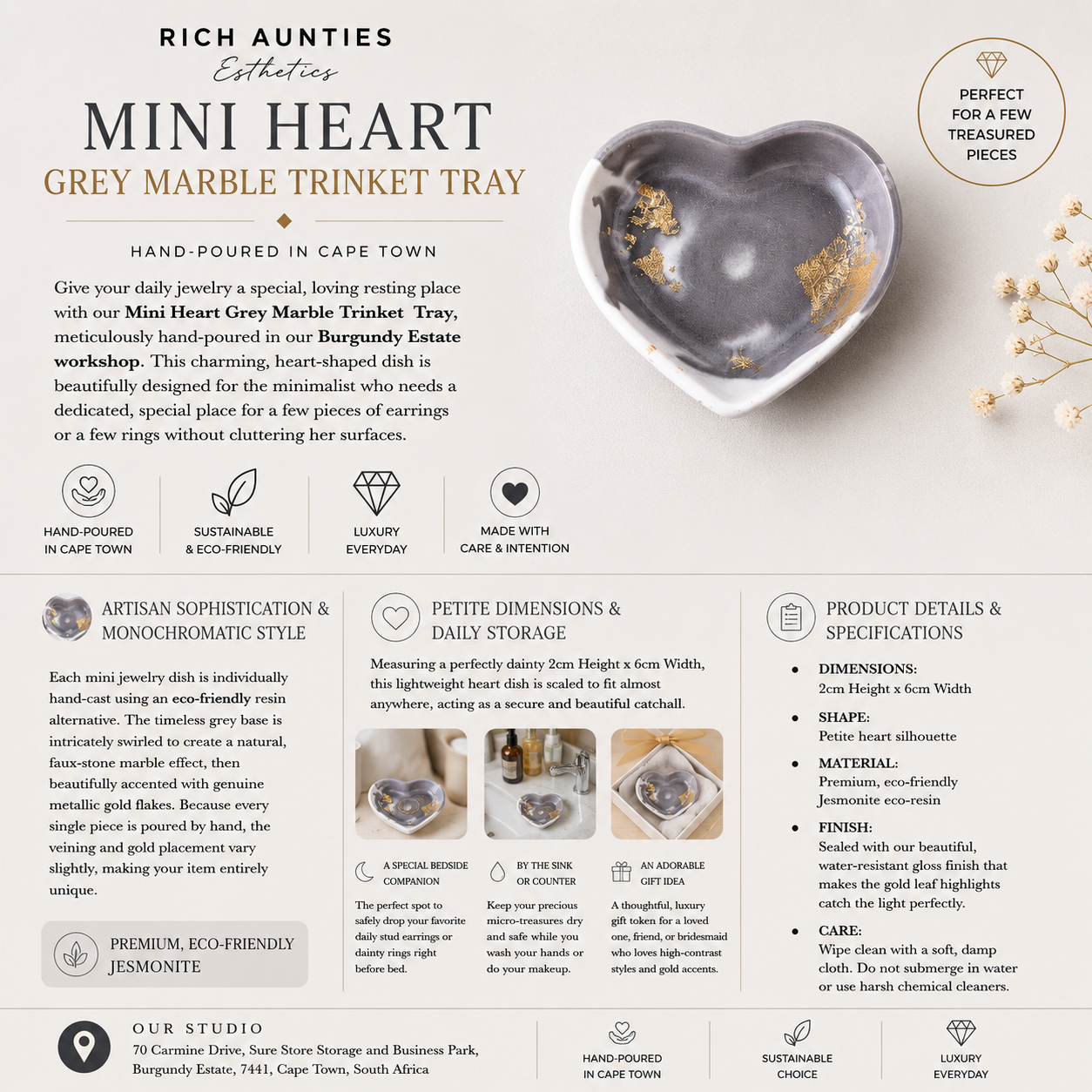 Rich Aunties Esthetics - Mini Heart Trinket Tray Grey Marble Gold Leaf