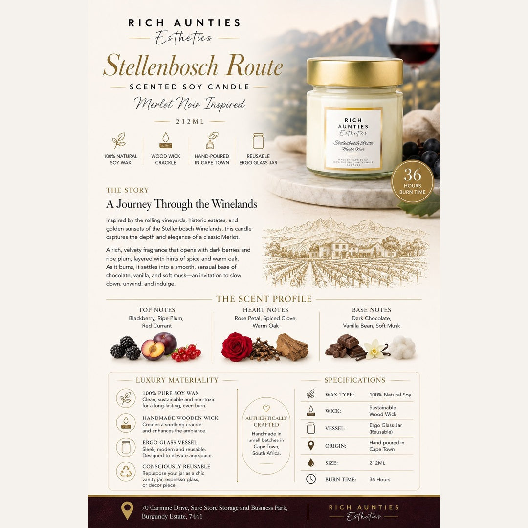 Rich Aunties Esthetics - The Stellenbosch Route Scented Soy Candle - Merlot Wine Inspired 212ml