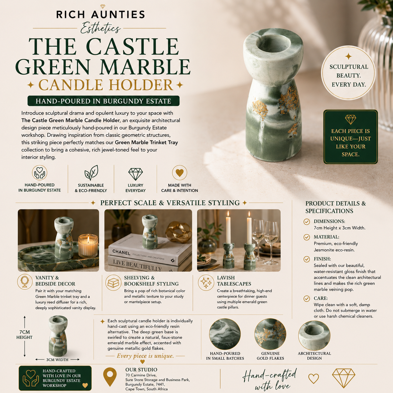 Rich Aunties Esthetics - The Castle Candle Holder Green Marble Gold Leaf