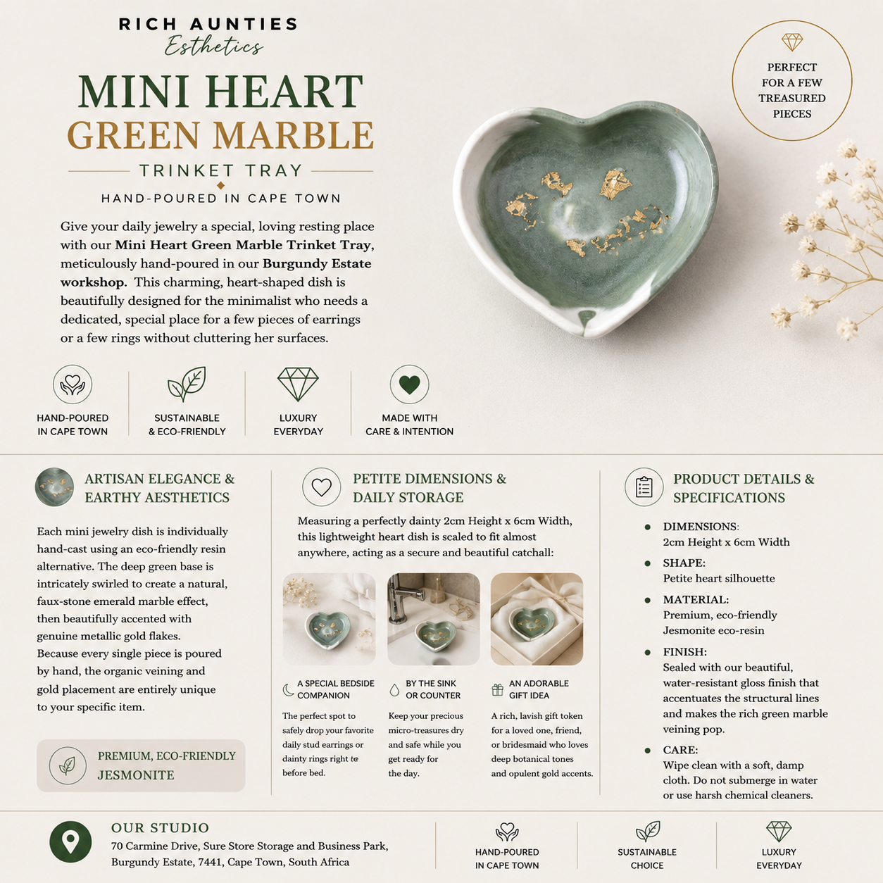 Rich Aunties Esthetics - Mini Heart Trinket Tray Green Marble Gold Leaf