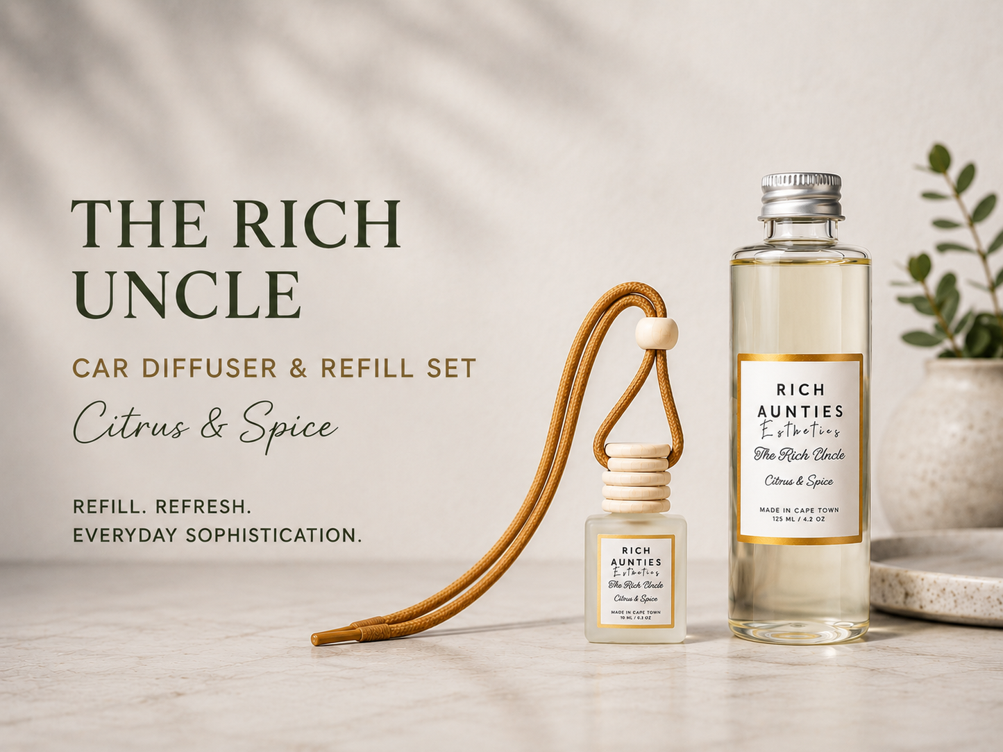 Rich Aunties Esthetics – The Rich Uncle Luxury Car Diffuser & Refill Gift Set – Citrus & Spice (10ml Car Diffuser + 125ml Refill)