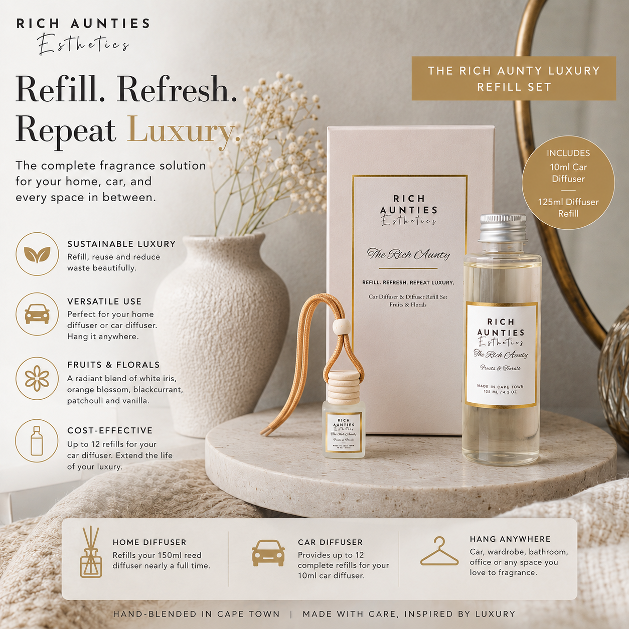 Rich Aunties Esthetics – The Rich Aunty Luxury Fruits & Florals Car Diffuser & Refill Gift Set (10ml Car Diffuser + 125ml Refill)