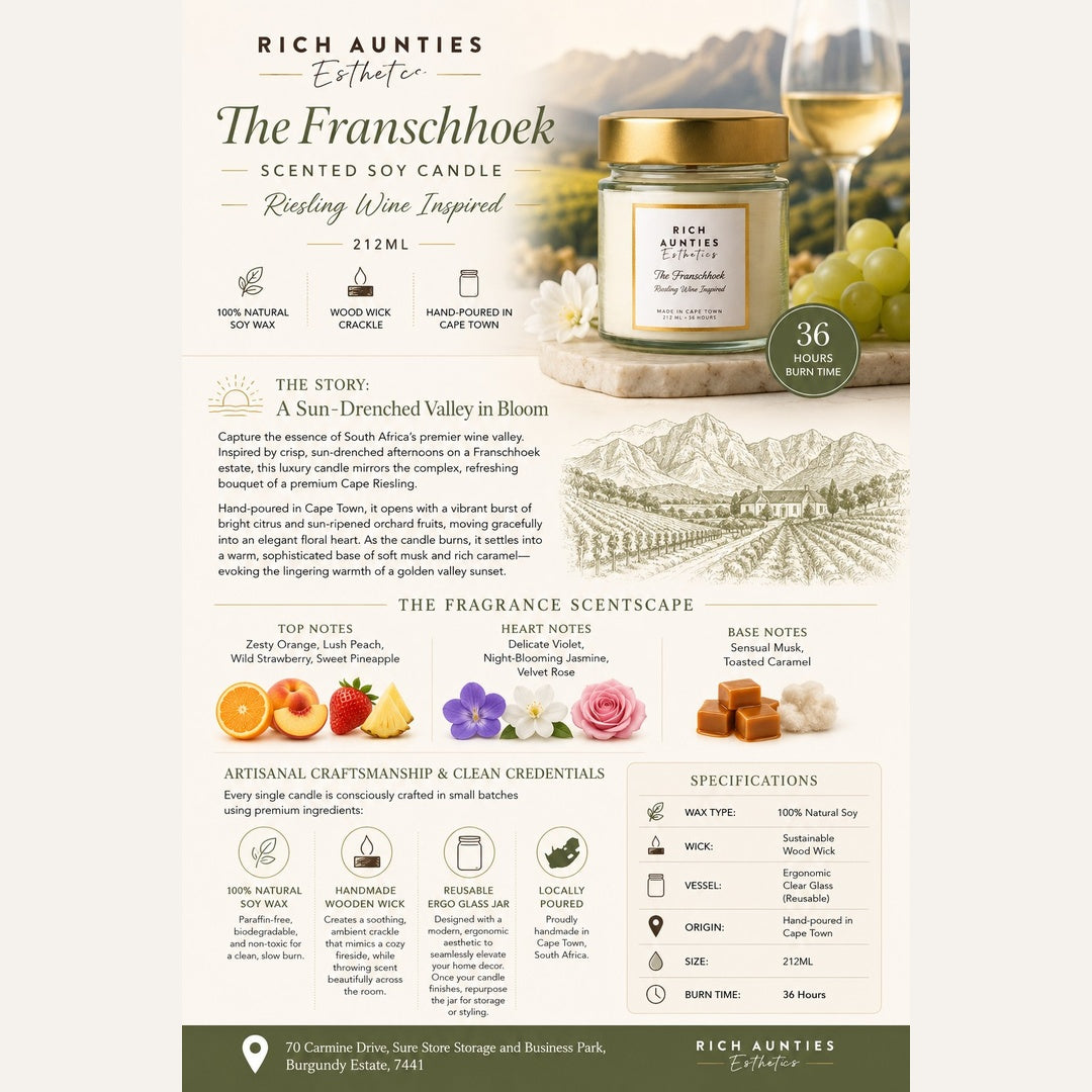 Rich Aunties Esthetics - The Franschhoek Scented Soy Candle - Riesling Wine Inspired 212ml
