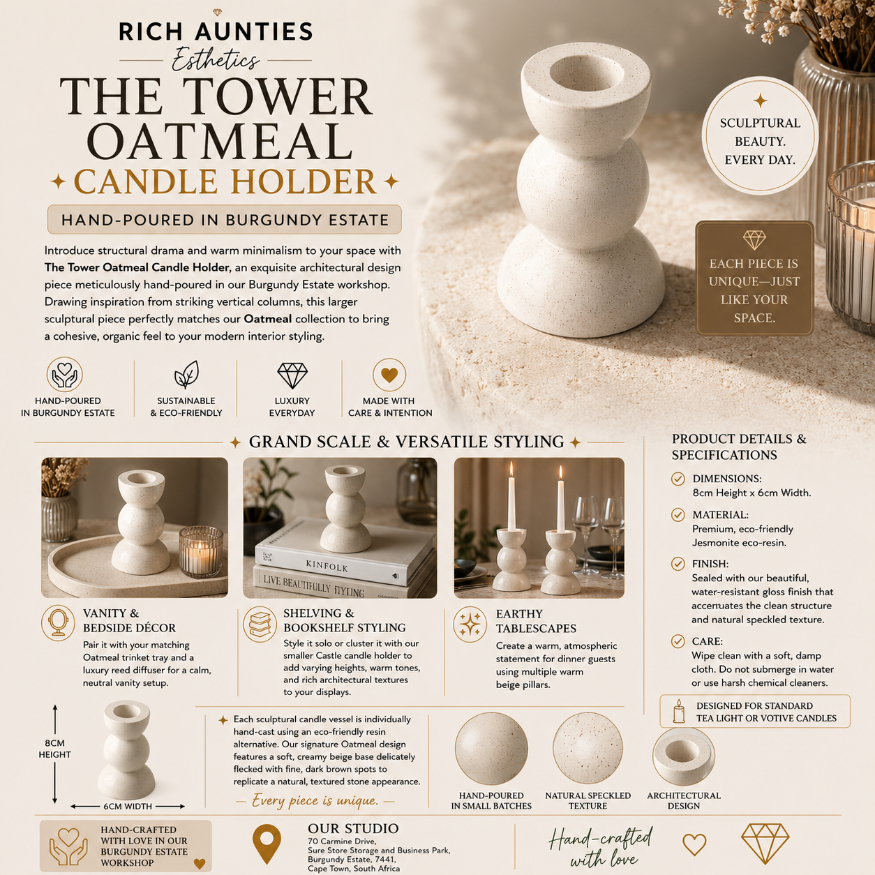 Rich Aunties Esthetics - The Tower Candle Holder Oatmeal -Creamy Beige