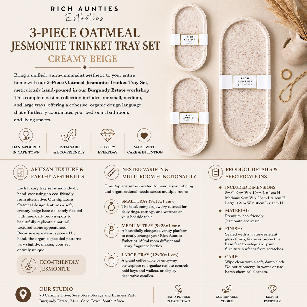 Rich Aunties Esthetics - 3-Piece Oatmeal Trinket Tray Set - Creamy Beige