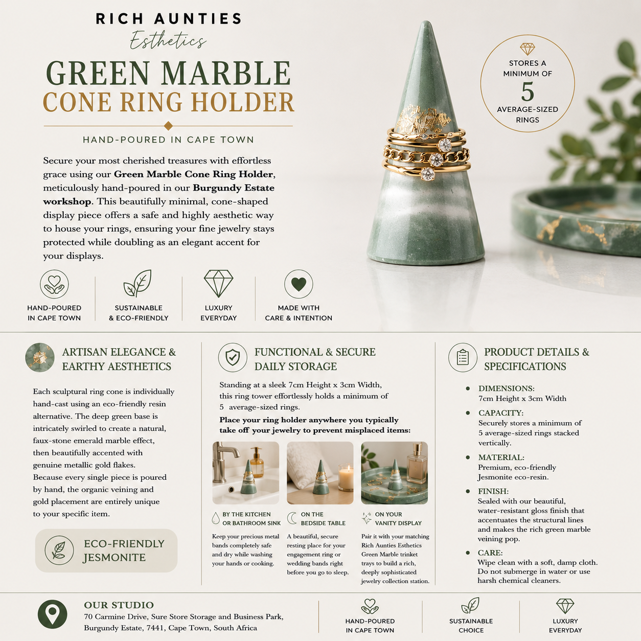 Rich Aunties Esthetics - Cone Ring Holder Green Marble Gold Leaf