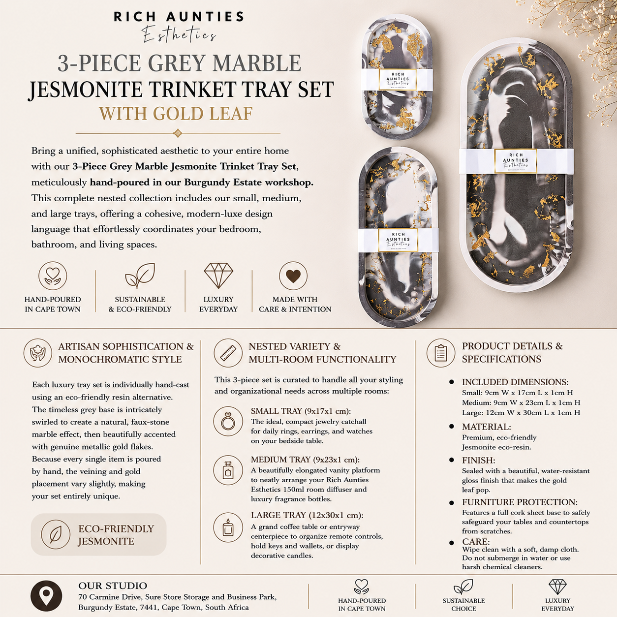 Rich Aunties Esthetics - Trinket Tray Set Grey Marble Gold Leaf