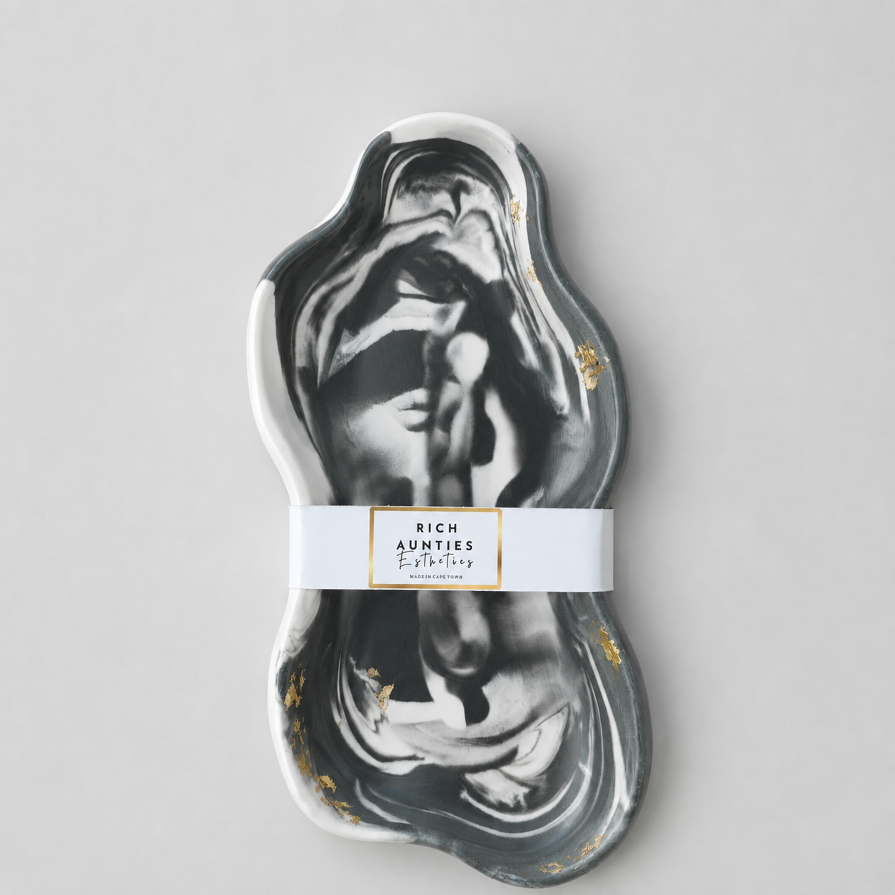 Rich Aunties Esthetics | Asymmetrical Wave Grey Marble Jesmonite Decor Tray with Gold Leaf