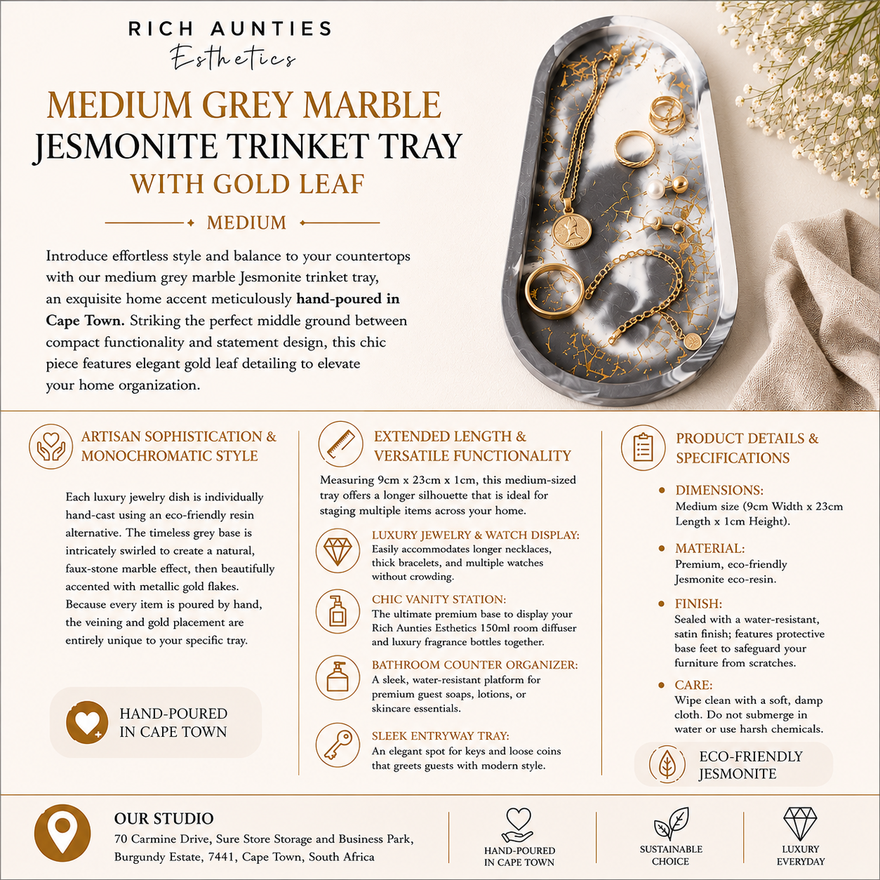 Rich Aunties Esthetics - Trinket Tray Grey Marble Gold Leaf Medium