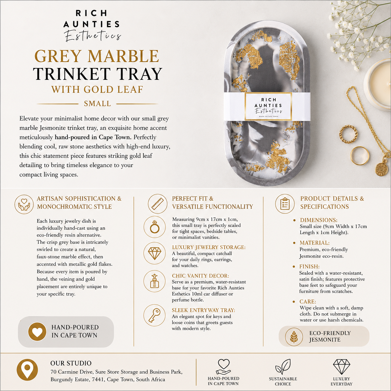 Rich Aunties Esthetics - Trinket Tray Grey Marble Gold Leaf Small