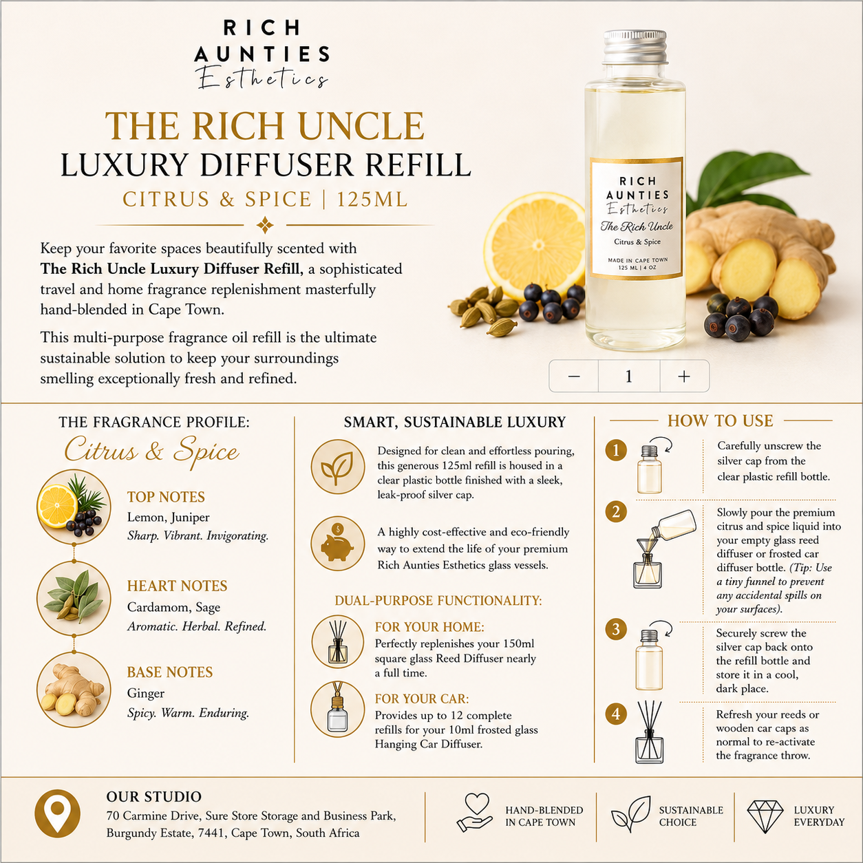 Rich Aunties Esthetics - The Rich Uncle Diffuser Refill Citrus & Spice 125ml