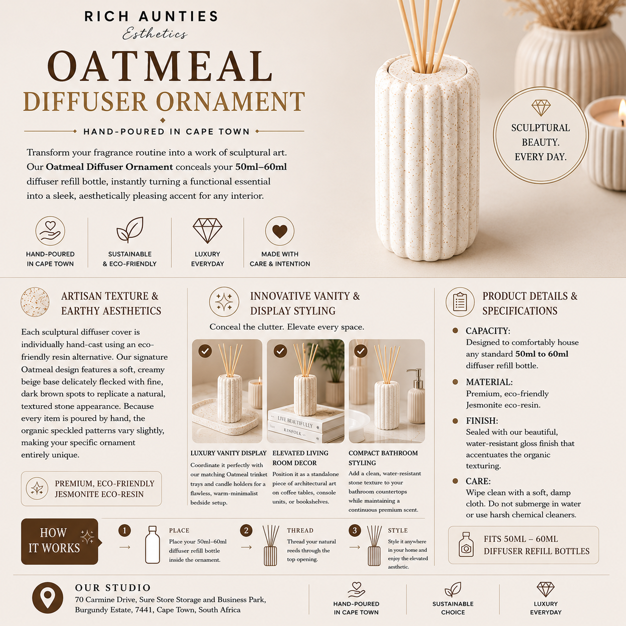 Rich Aunties Esthetics - The Oatmeal Jesmonite Diffuser Ornament - Creamy Beige