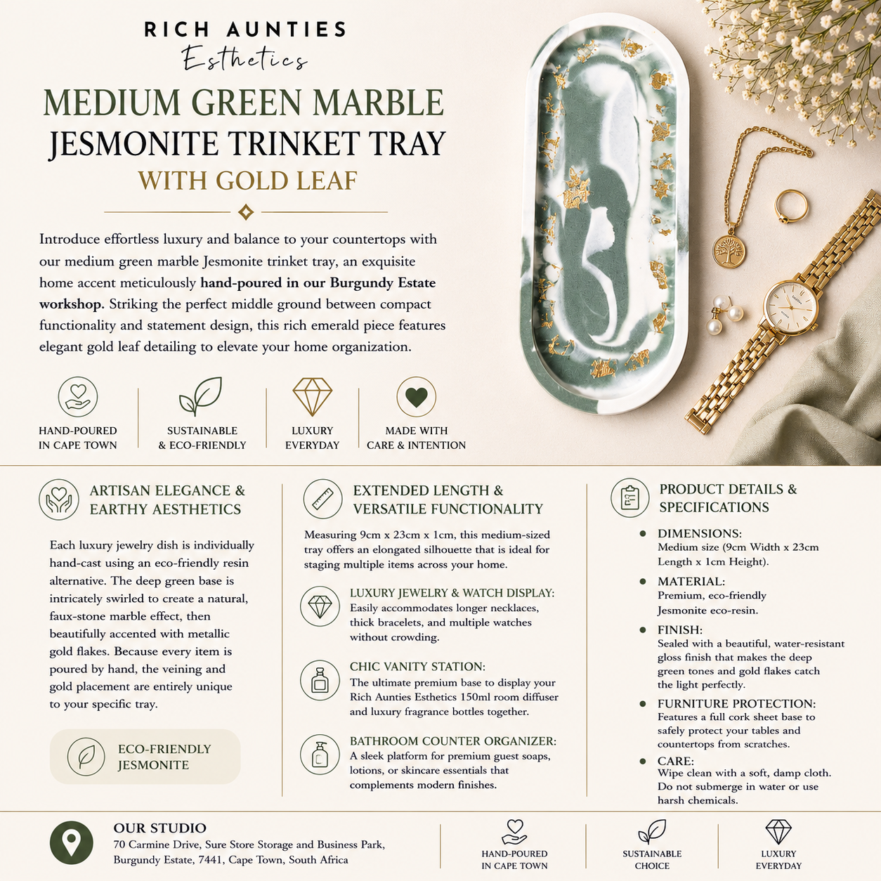 Rich Aunties Esthetics - Trinket Tray Green Marble Gold Leaf Medium